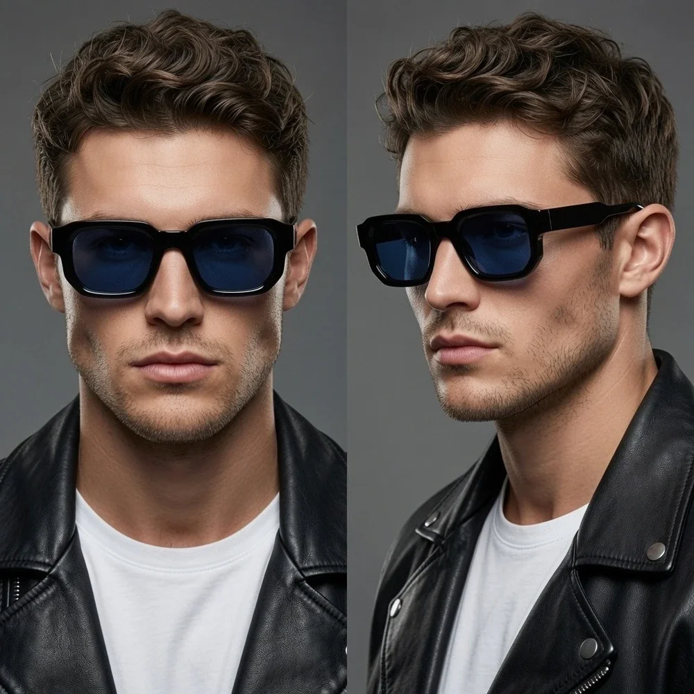 Mens Black Hip Hop Sunglasses Black Tint Lens Modern Rectangle Streetwear UV400